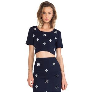 J.O.A. 2 Piece Matching Embellished Crop Knit + Skirt Set in Navy